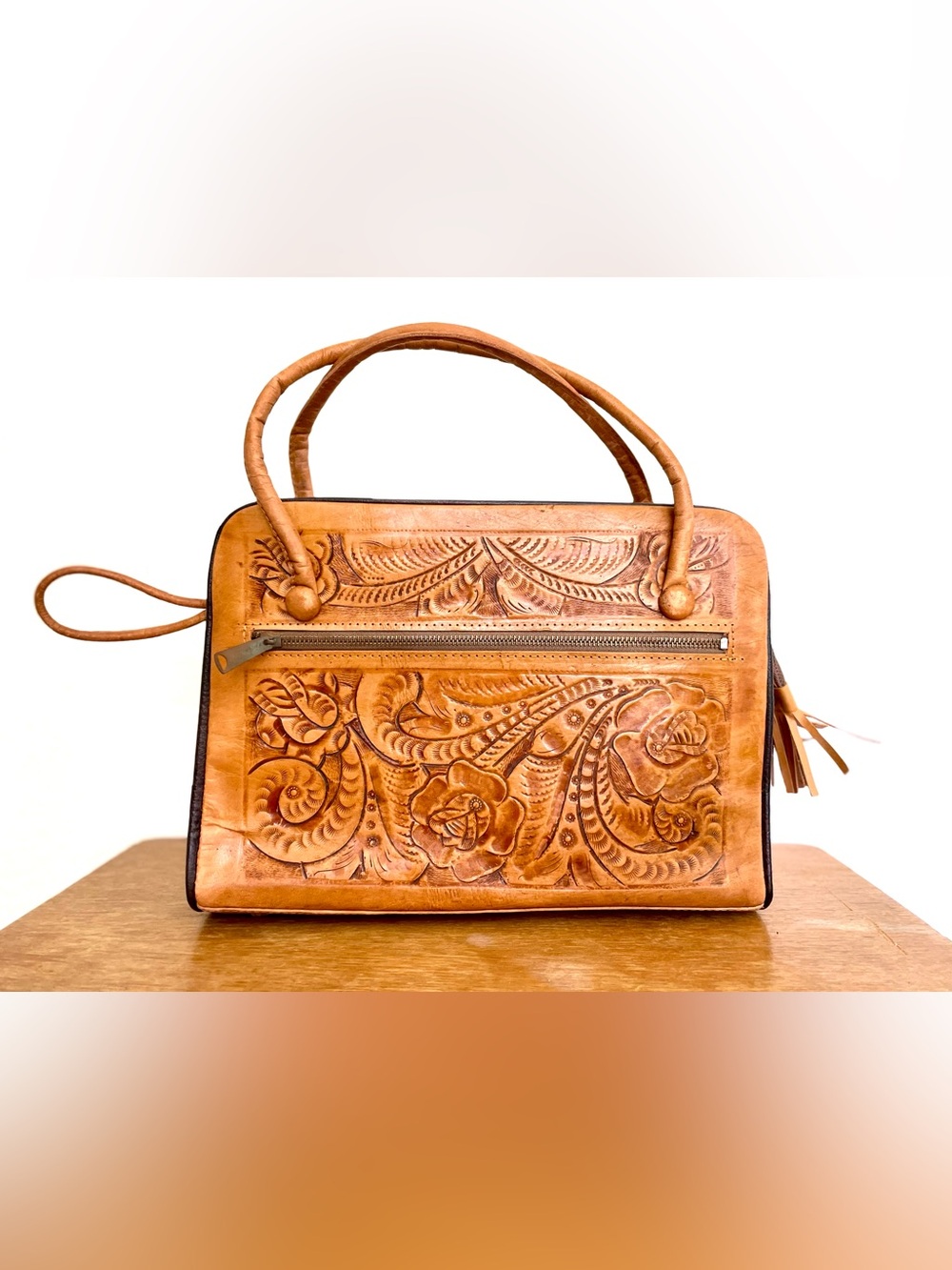1940s Vintage Tooled Leather Extra Large Hand Bag